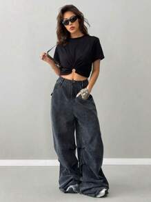 Women's Casual Sports T-Shirt, Fashion Athletic Black Fitted Short Metallic Ring Perforated Tee - Black - View 3