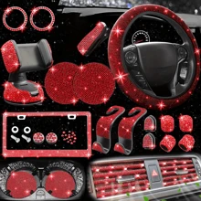 26-Piece Car Interior Diamond-Encrusted Set Steering Wheel Cover Mobile Phone Holder License Plate Frame Car Hook Water Cup Mat One-Button Start Ring Air Outlet Decorative Strip Set