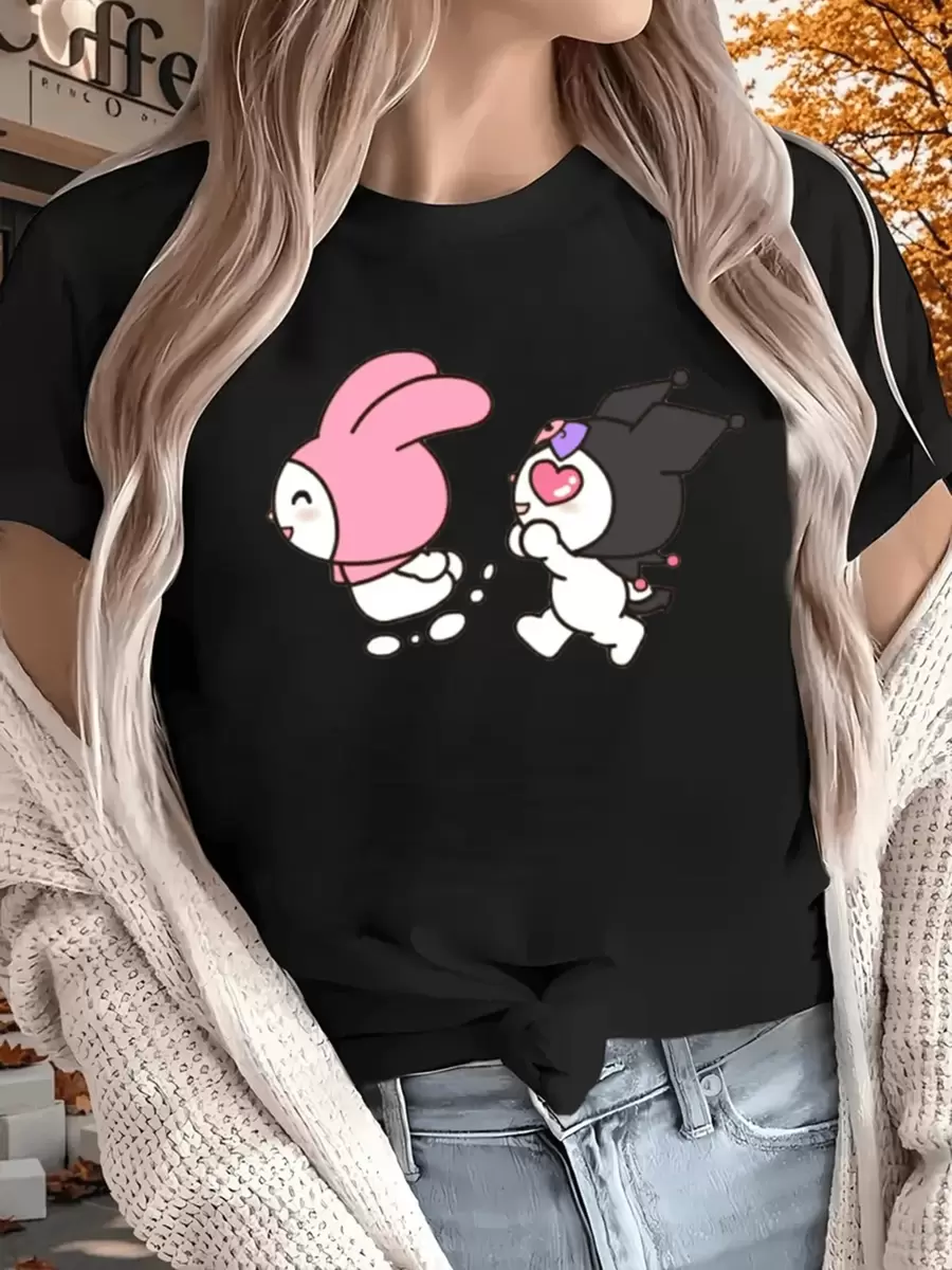 220g Thick Pure Cotton Short - Sleeve Shirt For Women, Charming Moving Cartoon Pair Design