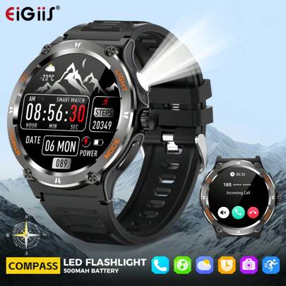 EIGIIS Orologi smart da uomo con torcia LED, batteria da 500mAh, schermo grande da 1,53", smartwatch robusto impermeabile 3ATM, tracker fitness multifunzionale per Android, orologio digitale regalo per uomo