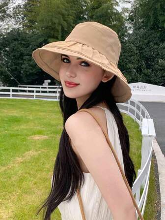 1 件纯色宽边帽，带金属标志，迷人韩式时尚简约优雅遮阳帽，适合春夏季，适合户外、骑行、旅行、海滩、休闲日常穿着