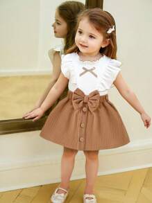 Set Bayi Perempuan Busur Ruffle Tombol Depan Blok Warna - Coklat - View 5