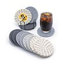 4/8 件编织饮料杯垫，圆形吸水饮料杯垫，手工布艺杯垫，带托盘的吸水杯垫套装，波西米亚风格 - 灰色 - 查看 4