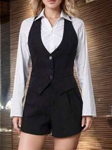 Women Waistcoat Vests, Vintage Sleeveless V Neck Button Down Dressy Suit Blazer Vest - 黑色 - 查看 3