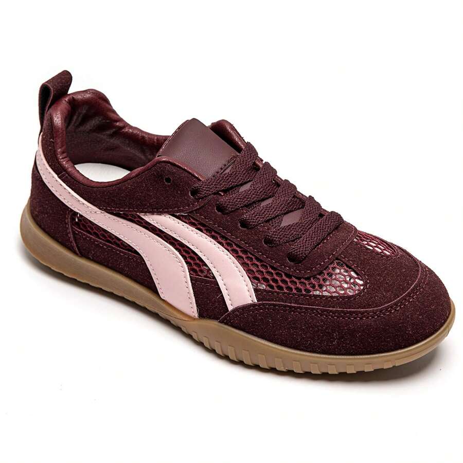 Low-Top Lace-Up Sneakers With Panel Detailing And Side Stripe - Burgundy - View 1