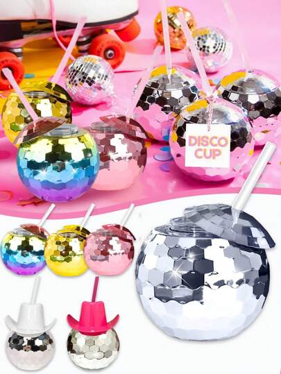 20盎司迪斯科球杯不倒翁迪斯科闪光球鸡尾酒杯银色球形杯带盖和吸管迪斯科酒杯饮用糖浆茶瓶适用于迪斯科酒吧派对用品