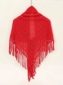 1 pieza Bufanda de punto de unicolor con flecos triangulares para mujer, chal/envolvente para otoño e invierno para vestir - 09-Gran rojo - Ver 3