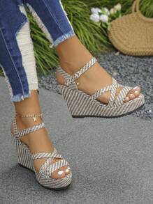 2026 New Women's Rivet Decor Sandals, Bohemian Style Fashion Wedge Heels, Summer Open Toe Slip-On High Heel Shoes, Suitable For Party, Date, Wedding And Many Occasions, - Light Grey - View 1