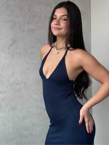LONG WOMEN'S DRESS WITH TIES AND NECKLINE - Black - View 2