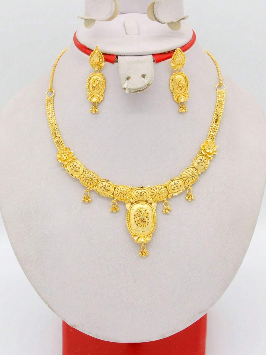 1 Set Handmade 24K Gold Plated Copper Style Necklace And Earrings Set, For Wedding, Party, And Daily Wear