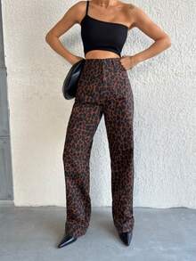 Jeans de tiro alto para mujer con estampado de leopardo, jeans de mezclilla largos, casuales y para uso diario