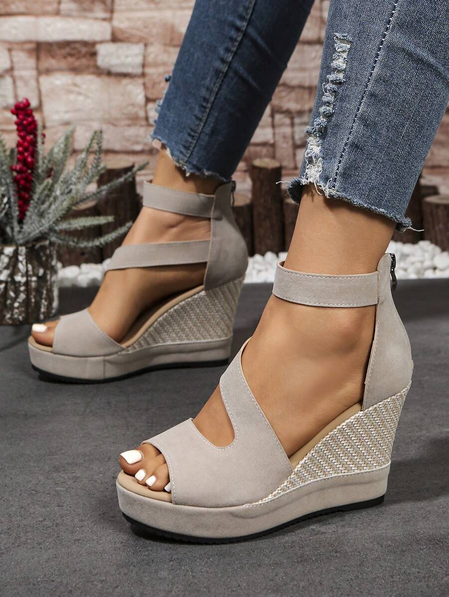 女士新款夏季绒面厚底坡跟露趾凉鞋，镂空露趾拉链高跟凉鞋