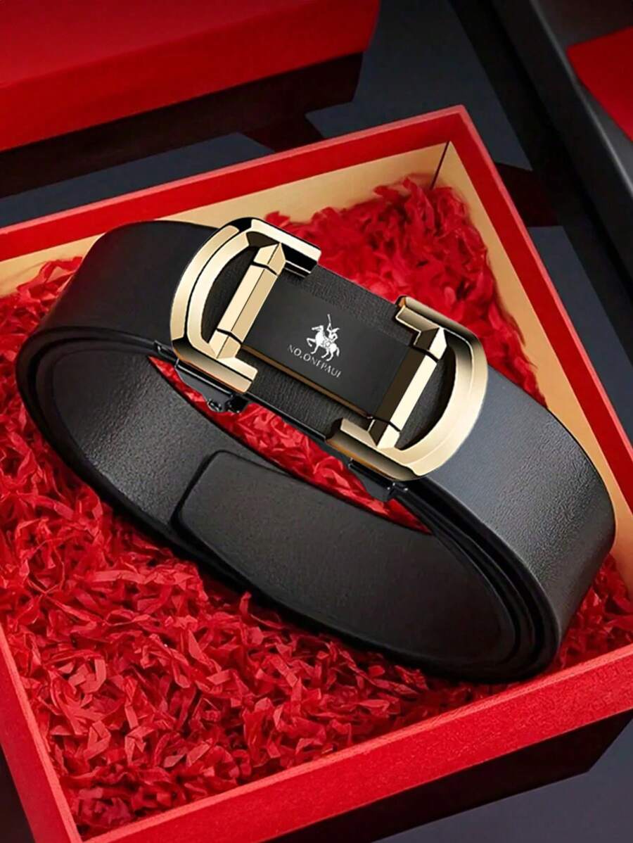 奢华中性自动扣 PU 皮带，长度可调，适合中青年男士，正式和休闲场合的时尚配饰，感恩节、圣诞节、父亲节和商务的绝佳礼物