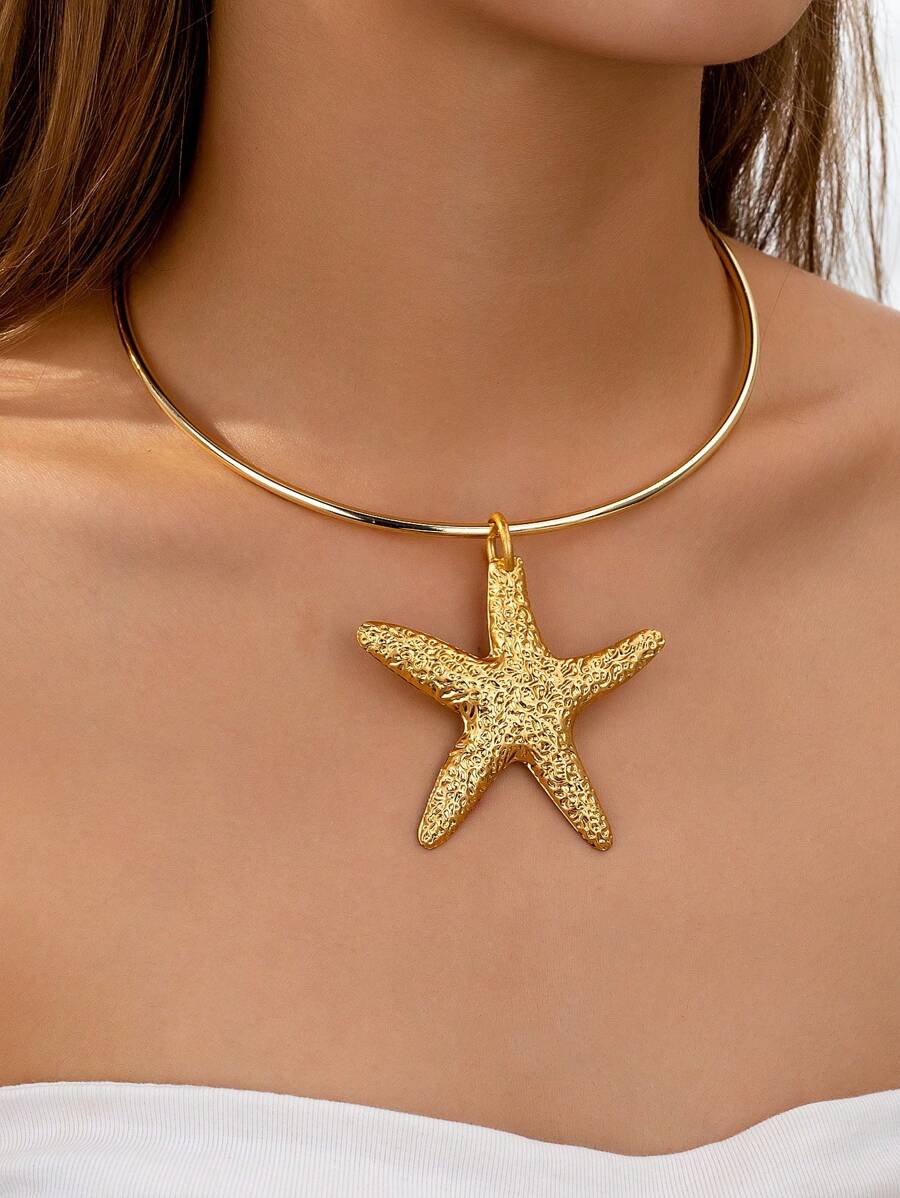 1 Pc Starfish Cuff Choker Necklace For Women Summer Beach Travel Jewelry - Gold - View 1