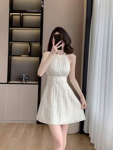RUIWY Chiffon Apricot Color Waisted Slimming Comfortable Breathable Elegant Fashion Lady Dress, Sleeveless Short Design With Big Bow Back, Suitable For Spring And Summer