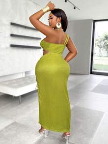 Váy xòe xẻ đùi xẻ tà gợi cảm một bên vai cho nữ cỡ lớn - màu xanh lá - Xem 3