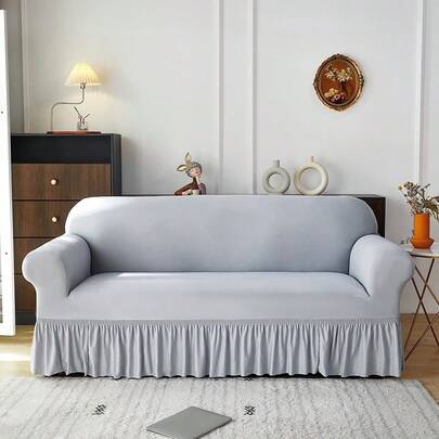 1件装荷叶边沙发套，装饰性弹力沙发套，防宠物，防尘，花卉饰边，适用于单人/双人/三人/四人沙发，纯浅灰色，牛奶丝面料，防滑，四季通用