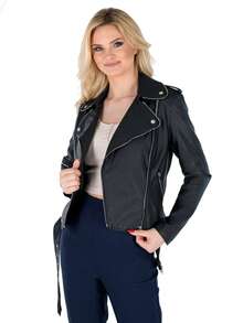 Jaqueta curta feminina outono e inverno moda motociclista casual slim bomber casaco - Preto - Ver 2