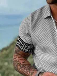 1 Set Men's Sports & Casual Jacquard Printed Polo Shirt With Shorts, Summer - Grey - View 5