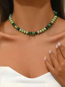 1 st. Elegante Vintage Veelzijdige Willekeurige Kleur Natuurlijke Steen Kralen Choker Ketting, Geschikt Voor Dagelijkse & Vakantiekleding Voor Vrouwen
