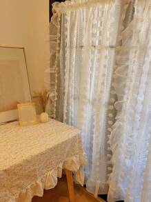 1pc/2pcs French Romantic Ruffled White Lace Pompom Curtain, Polka Dot Voile Sheer Window Curtain Panel For Living Room Divider, Kitchen, Bedroom, Balcony Privacy Protection