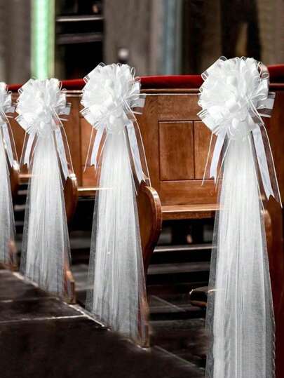 1pc/5pcs Wedding Decoration White Bow Tulle Set , Chair Decoration Bow Tulle,Wedding Aisle Decorations,Polyester Chair Cover,Chair Back Decoration,Wedding Supplies,Ideal Gift For Wedding Planners & Party Organizers,Wedding Banquet Supplies,Bridal Shower Decor,Engagement Ceremony Decor,Holiday Party Background Decoration