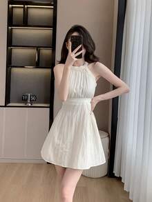RUIWY Chiffon Apricot Color Waisted Slimming Comfortable Breathable Elegant Fashion Lady Dress, Sleeveless Short Design With Big Bow Back, Suitable For Spring And Summer