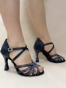 女士莎莎拉丁舞鞋 9 厘米高跟闪亮水钻黑色缎面绒面革鞋底室内舞蹈高跟鞋超柔软比赛舞鞋 - 黑色9cm - 查看 6