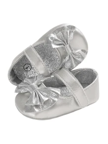 Zapatos de princesa con lazo para bebés de 0 a 1 año, planos para antes de caminar - Plateado - Ver 5