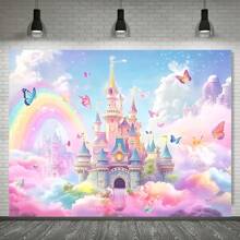 1 Spring Floral Background, Butterfly And Castle Design, Polyester Fiber, Perfect For Teen Showers And Photo Booth Props, Photography Studio Props