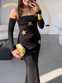 Women Starfish Decor Off Shoulder Bodycon Party Dress Spring Summer - Black - View 1