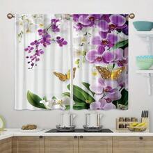 2pcs/Set Beautiful White & Purple Orchid Flowers And Golden Butterflies Digital Print Semi-Sheer Curtain, Spring, Rod Pocket Style, Polyester Material, Suitable For Living Room, Bedroom, Dining Room, Home Decor