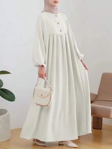 Gaun Panjang Wanita Elegan & Nyaman Model Abaya Leher Bulat Warna Putih Musim Semi - Putih - View 3