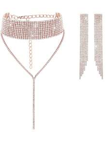 3 件套女士水钻首饰套装水钻流苏颈链项链流苏手链水晶吊坠耳环适合婚礼新娘派对