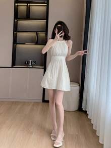 RUIWY Chiffon Apricot Color Waisted Slimming Comfortable Breathable Elegant Fashion Lady Dress, Sleeveless Short Design With Big Bow Back, Suitable For Spring And Summer