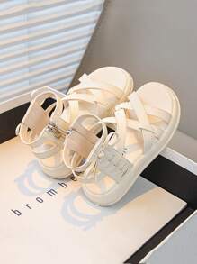 女童新款凉鞋，夏季时尚小公主罗马凉鞋，儿童软底沙滩鞋 - 米色 - 查看 2