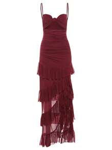 Sexy Cut-Out Side Slit Backless Mesh Strap Multi-Layer Ruffle Maxi Dress For Women, Graduation Party Outfit