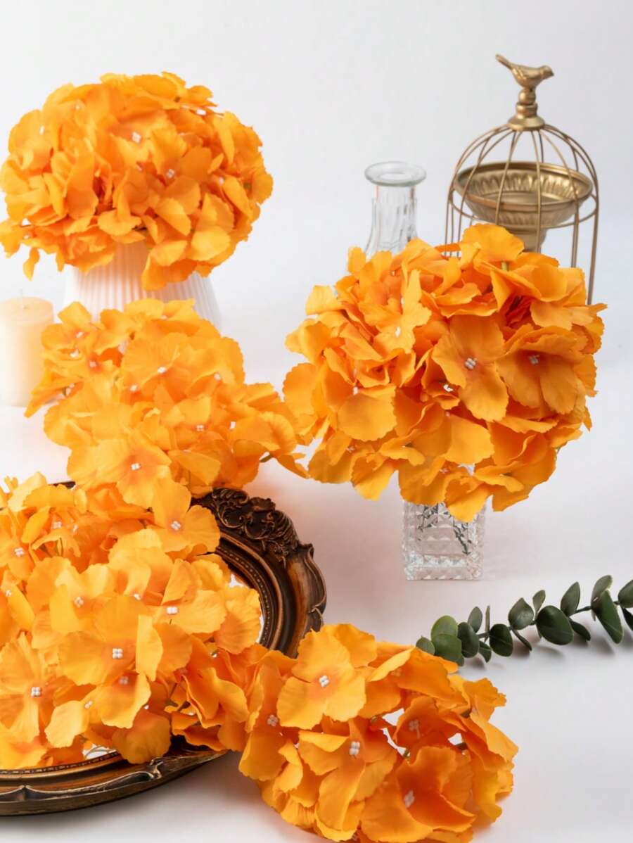 MEHELANY 45 de flori artificiale de hortensie portocalie, flori artificiale de hortensie cu tulpini, potrivite pentru decorul piesei centrale de nuntă, consumabile pentru petreceri de grădină de toamnă, coroană, buchet de mireasă, coroană DIY, decor de brad de Crăciun, decor de Crăciun de Halloween și Ziua Recunoștinței, fundal arc, aranjament floral DIY, cadou pentru femei și fete