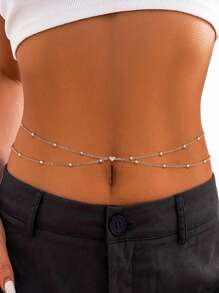 1 pieza Cadena corporal sexy de doble capa con cuentas de cobre en forma de corazón, estilo minimalista para mujer, cadena de cintura multicapa - W-YL175 Cadena de cintura doble con cuentas de cobre Love - Ver 2