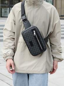 1 pieza Bolso de pecho de hombre con estampado geométrico negro de PU, bolso bandolera casual y de moda adecuado para compras, deportes, vacaciones para hombres y mujeres