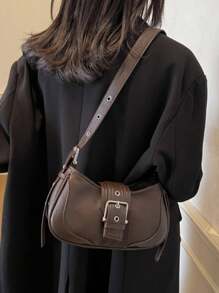 复古甜美酷炫机车手时尚腋下包小众纹理新月包金属孔眼单肩斜挎包，百搭四季女士通勤包 - 咖啡 - 查看 8