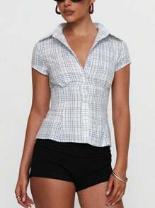 Women's Y2K Plaid Shirt Button-Up Short Sleeve Collared Slim Fit Casual Summer Blouse Tops - 藍色 - 查看 6