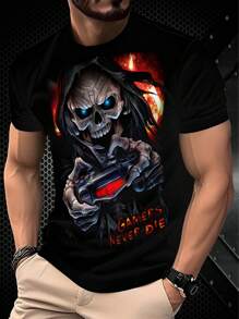 超酷暗黑风！骷髅头手持游戏手柄印花，配以“玩家永不消亡”标语的男士T恤，短袖上衣，100%涤纶 - 黑色 - 查看 1