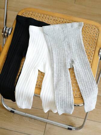 Set de 6 leggings de punto de unicolor para niños, mallas ajustadas aptas para ropa de danza, uso en todas las estaciones con detalle acanalado