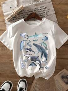 Tween Boy Marine Life Print Crew Neck T-Shirts Summer Boy's Casual Tee Soft Tops