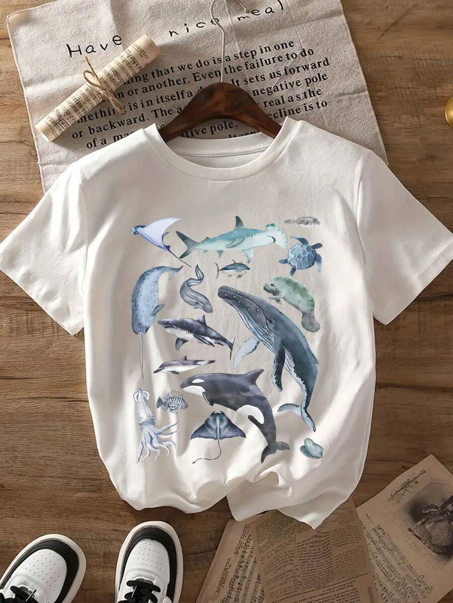 Tween Boy Marine Life Print Crew Neck T-Shirts Summer Boy's Casual Tee Soft Tops