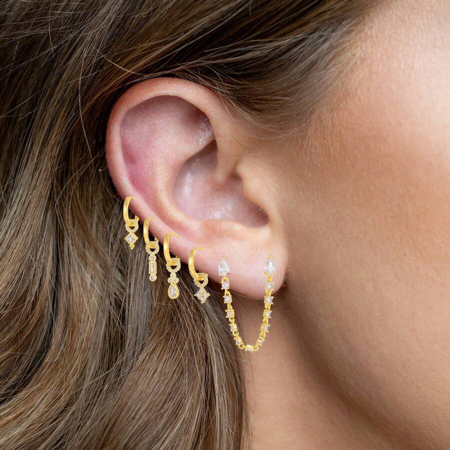 5 Pieces/Set - Geometric Micro Inlaid Zirconia Three-Dimensional Water Droplet Rectangular Square Chain Women's Earring Ear Buckle, Fashionable, Simple And Gorgeous Women's Earring Ear Buckle Set, Suitable For Wearing On Dates And Dinners - Multicolor - View 1