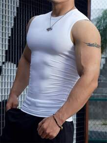 Men's Sports Fitness Sleeveless Vest, High Elastic Knitted Fabric, Solid Color, Tight Fit Style, Quick Dry Fitness Sports Tank Top, Suitable For Gym, Running, Training, Outdoor