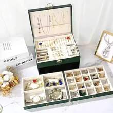 Vintage Jewelry Box With Removable Tray, Mirror And Lock - 3-Tier Storage, Holds Necklaces, Earrings, Watches | Multifunctional Desktop Organizer With Drawers | Ideal Gift For Mother's Day, Christmas, Labor Day | Unfinished Rectangular Design With Key Lock - Multicolor - View 5