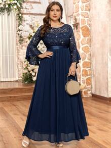 Gaun Panjang Formal Pesta Malam, Gaun Tamu Pernikahan, Gaun Ulang Tahun, Wisuda, Gaun Pesta Malam Formal Elegan dengan Lengan Mengembang Berhiaskan Payet Bunga dan Renda, Bahan Chiffon dengan Hem Berkerut - Navy Blue - View 2
